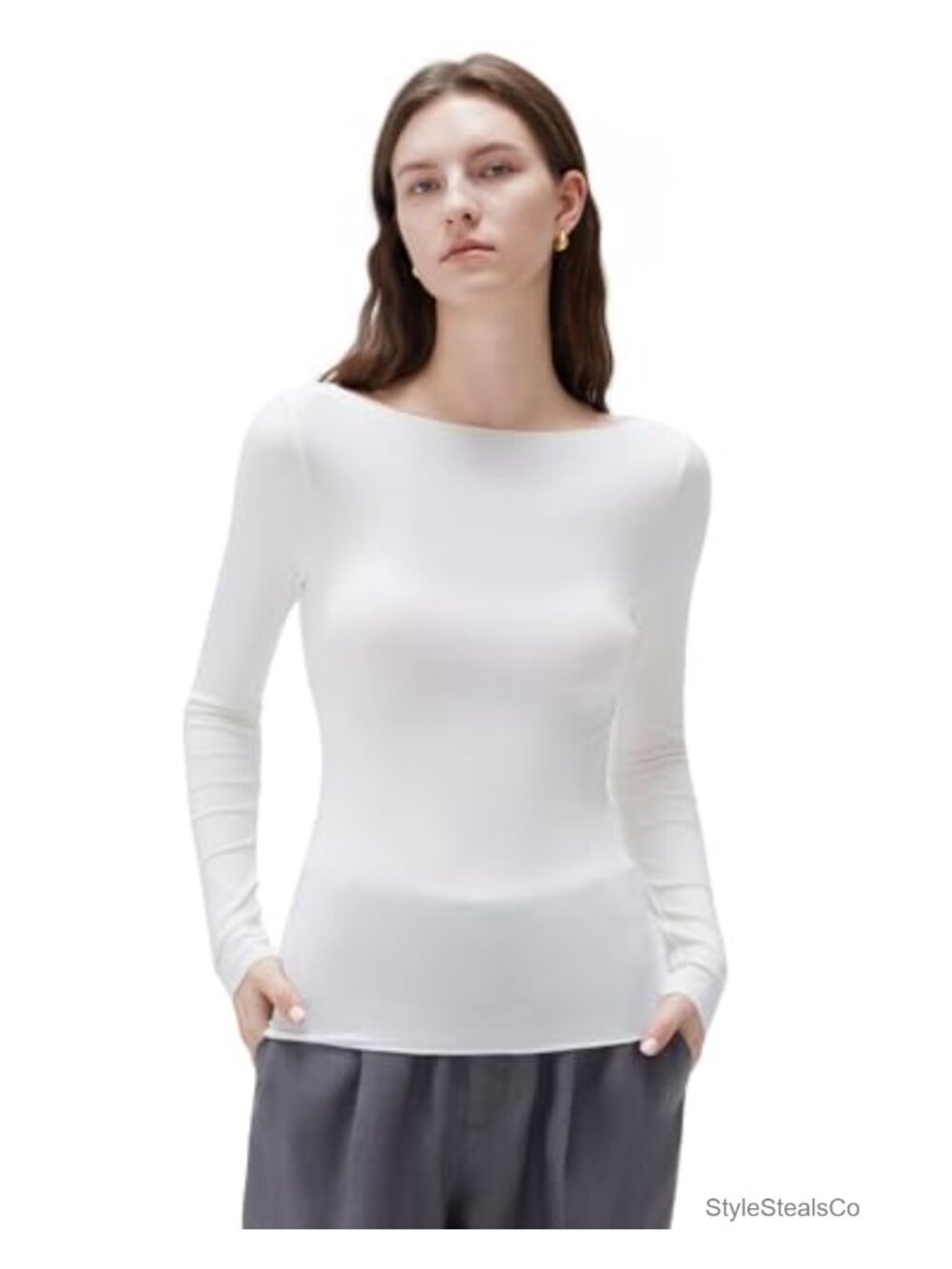 Cloud Cashmere Women's Boat Neck Fitted Long Sleeve Tee Knit Top
